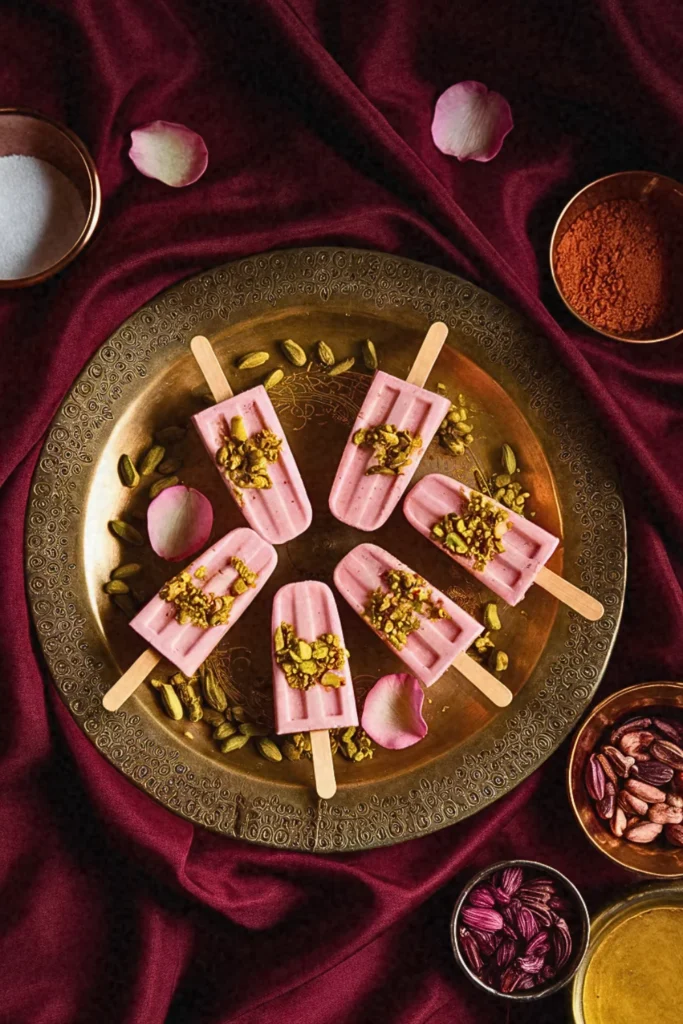 Cardamom-Rose Kulfi Popsicles with Pistachio Crumble