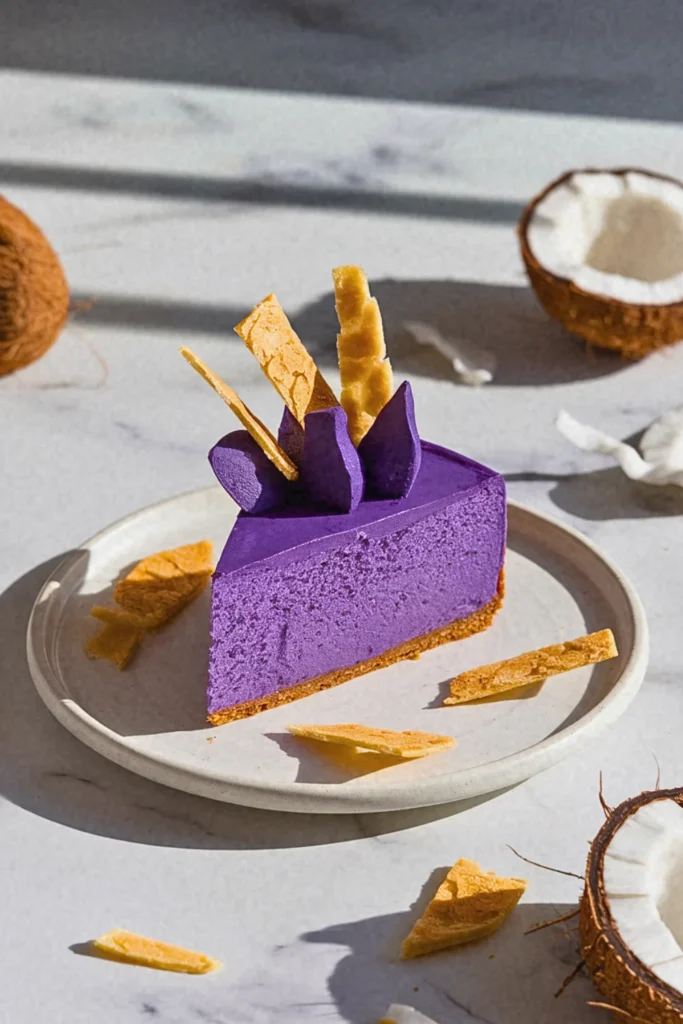 Ube Cheesecake with Coconut Tuile
