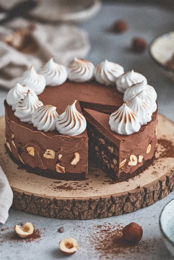 Chocolate Hazelnut Torte with Aquafaba Meringue